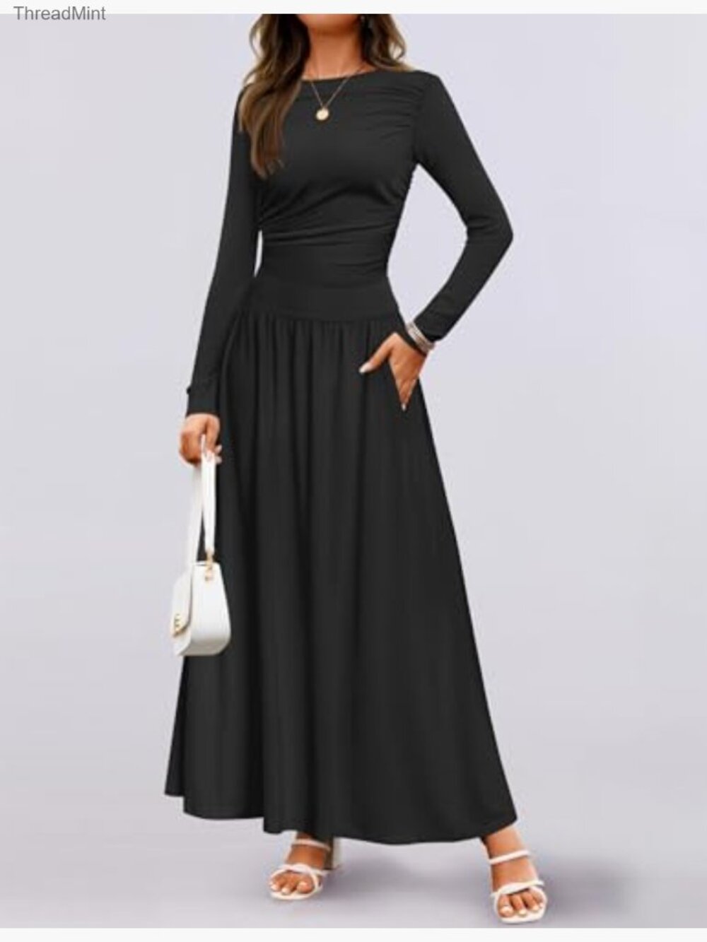 Long Sleeve Knit Maxi Dress with Pockets Swing Pleated A-Line - Picture 3 of 7